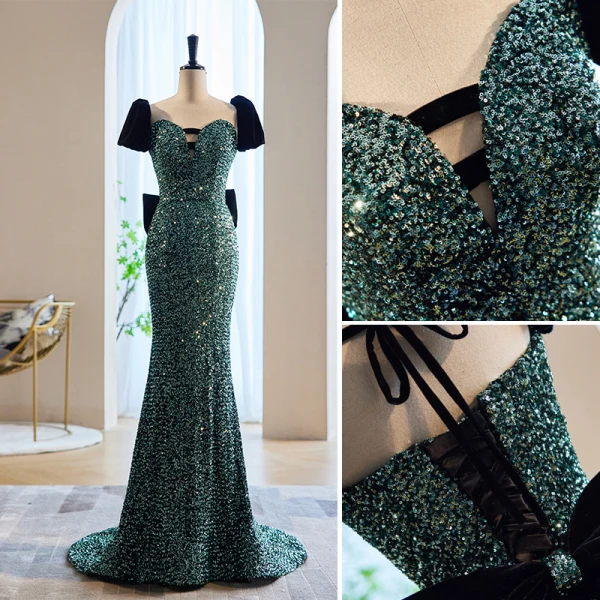 Scintillantes Vert Foncé Perlage Paillettes Robe De Soirée 2023 Trompette / Sirène Encolure Carrée Manches Courtes Dos Nu Noeud Longue Soirée Robe De Ceremonie