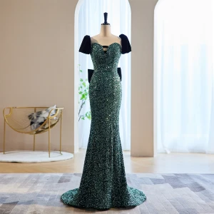 Sparkly Mørk Grønn Beading Paljetter Selskapskjoler 2023 Trompet Havfrue Firkantet Hals Korte Ermer Ryggløse Sløyfe Lange Aften Formelle Kjoler