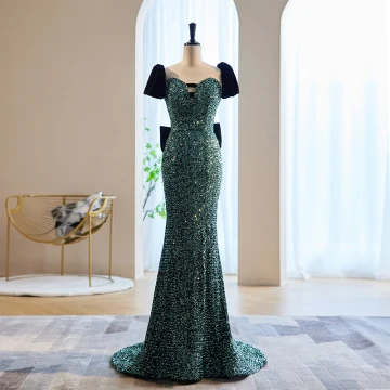 Sparkly Dark Green Beading Sequins Evening Dresses 2023 Trumpet Mermaid Square Neckline Short Sleeve Backless Bow Floor Length Long Evening Party Formal Dresses