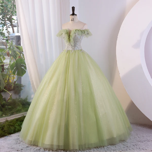 Modern / Fashion Sage Green Sequins Prom Dresses 2023 Ball Gown Off-The-Shoulder Sleeveless Backless Floor-Length / Long Prom Formal Dresses