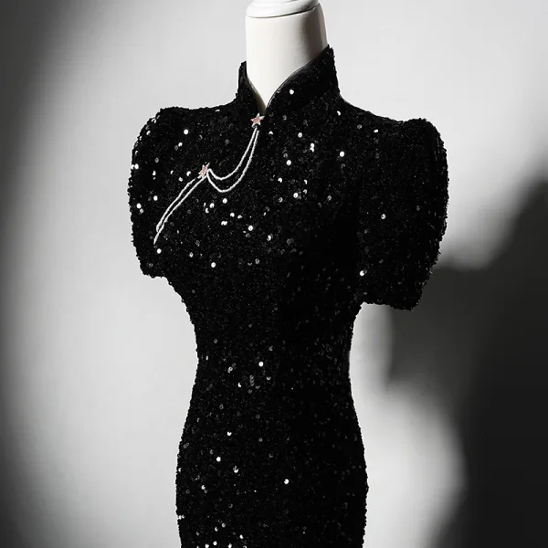 Vintage / Retro Black Beading Sequins Evening Party Cheongsam 2023 Trumpet / Mermaid High Neck Short Sleeve Backless Floor-Length / Long