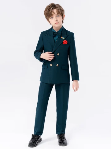 Bleu Marine 5 Pièces Manches Longues Polyester Costume Garçon Mariage 2024 Manteau Pantalon Chemise Cravate Gilet