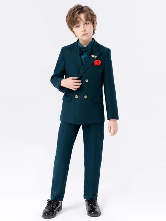 Navy Blue 5 Piece Long Sleeve Polyester Boys Wedding Suits 2024 Coat Pants Shirt Tie Vest