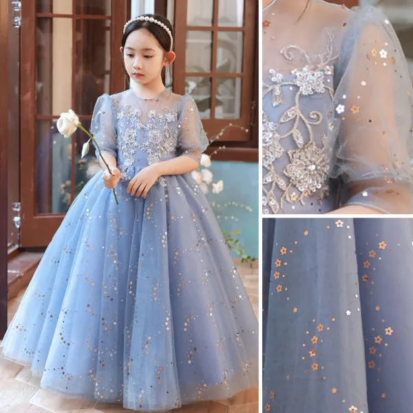 Chic / Beautiful Sky Blue Beading Sequins Lace Flower Prom Flower Girl Dresses 2022 A-Line / Princess Scoop Neck Short Sleeve Floor-Length / Long Flower Girl Dresses