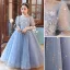Chic / Beautiful Sky Blue Beading Sequins Lace Flower Prom Flower Girl Dresses 2022 A-Line / Princess Scoop Neck Short Sleeve Floor-Length / Long Flower Girl Dresses