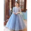 Chic / Beautiful Sky Blue Beading Sequins Lace Flower Prom Flower Girl Dresses 2022 A-Line / Princess Scoop Neck Short Sleeve Floor-Length / Long Flower Girl Dresses