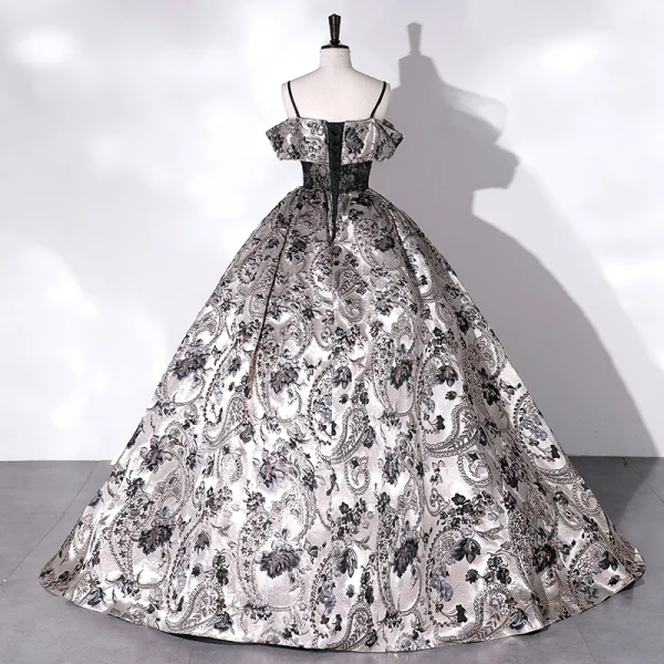 Vintage / Retro Baroque Silver Lace Flower Satin Prom Dresses 2022 Ball Gown Spaghetti Straps Sleeveless Backless Beading Floor-Length / Long Formal Dresses