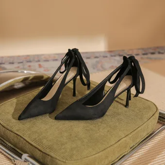 Fashion Black Evening Party Womens Sandals 2023 Leather Ankle Strap Bow 8 Cm Stiletto Heels Pointed Toe High Heels