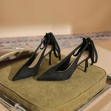 Mode Noire Soirée Sandales Femme 2023 Cuir Bride Cheville Noeud 8 Cm Talons Aiguilles À Bout Pointu Talons Hauts