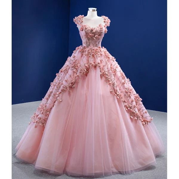 Fabulous Candy Pink Handmade  Beading Appliques Prom Dresses 2022 Ball Gown Scoop Neck Sequins Sleeveless Backless Floor-Length / Long Prom Formal Dresses