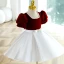 Chic / Beautiful Burgundy Birthday Short Flower Girl Dresses 2023 Ball Gown Square Neckline Pearl Puffy Short Sleeve Flower Girl Dresses