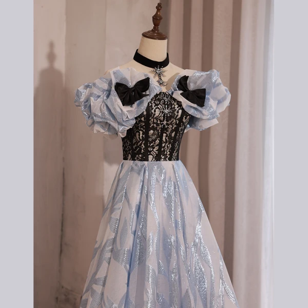 Fashion Sky Blue Glitter Rhinestone Prom Dresses 2023 A-Line / Princess Off-The-Shoulder Bow Short Sleeve Backless Floor-Length / Long Prom Formal Dresses