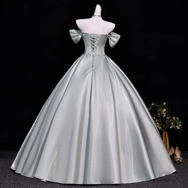 Classy Silver Satin Prom Dresses 2026 Ball Gown Off-The-Shoulder Short Sleeve Backless Floor-Length / Long Formal Dresses