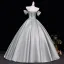 Classy Silver Satin Prom Dresses 2026 Ball Gown Off-The-Shoulder Short Sleeve Backless Floor-Length / Long Formal Dresses