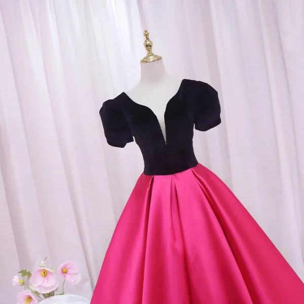 Vintage / Retro Ethnic Fuchsia Beading Prom Dresses 2024 Ball Gown Scoop Neck Floor-Length / Long Polyester Backless Prom Short Sleeve Formal Dresses