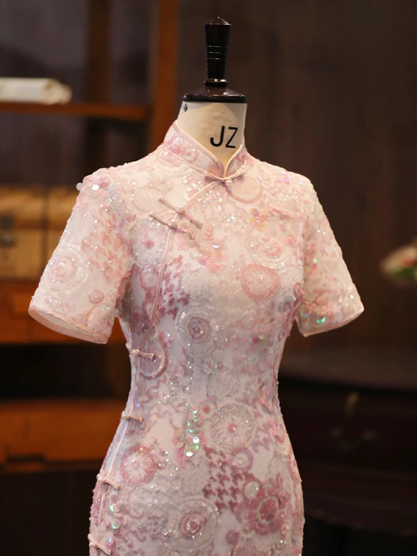 Bling Bling Blushing Pink Lace Sequins Evening Party Cheongsam 2024 Trumpet / Mermaid High Neck Short Sleeve Tea-length