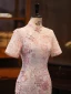 Bling Bling Blushing Pink Lace Sequins Evening Party Cheongsam 2024 Trumpet / Mermaid High Neck Short Sleeve Tea-length