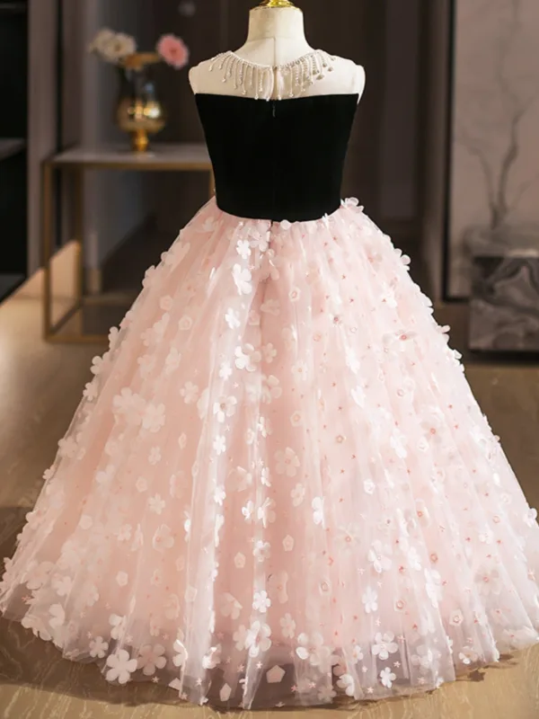 Chic / Beautiful Blushing Pink Appliques Birthday Flower Girl Dresses 2025 Ball Gown Scoop Neck Sleeveless Floor-Length / Long Tulle
