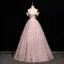 Fashion Blushing Pink Glitter Tassel Prom Dresses 2025 Ball Gown Off-The-Shoulder Short Sleeve Backless Floor-Length / Long Prom Formal Dresses