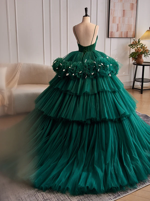 Elegant Dark Green Cascading Ruffles Ruffle Quinceaera Prom Dresses 2024 Ball Gown Prom
