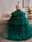 Elegant Dark Green Cascading Ruffles Ruffle Quinceañera Prom Dresses 2024 Ball Gown Spaghetti Straps Sleeveless Backless Court Train Formal Dresses Prom