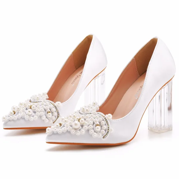 Chic / Beautiful White Pearl Rhinestone Wedding Shoes 2023 Satin 9 cm Crystal Thick Heels Pointed Toe Wedding Pumps High Heels