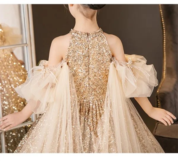 Sparkly Gold Sequins Birthday Sweep Train Flower Girl Dresses 2025 Ball Gown High Neck Short Sleeve