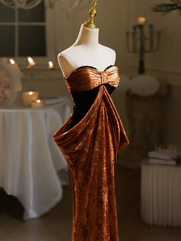 Sexy Brown Sequins Velvet Evening Dresses 2024 Trumpet / Mermaid Strapless Bow Sleeveless Backless Floor-Length / Long Evening Party Formal Dresses