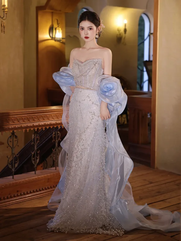 Sexy Sky Blue Beading Pearl Sequins Evening Dresses 2025 Trumpet / Mermaid Strapless Sleeveless Backless Floor-Length / Long Evening Party Formal Dresses