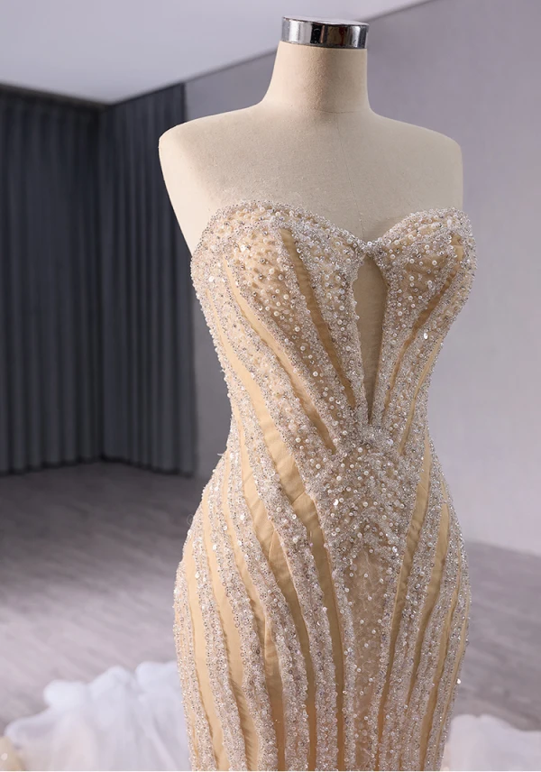 Sparkly High-end Champagne Handmade  Beading Pearl Sequins Evening Dresses 2024 Trumpet / Mermaid Strapless Sleeveless Backless Floor-Length / Long Evening Party