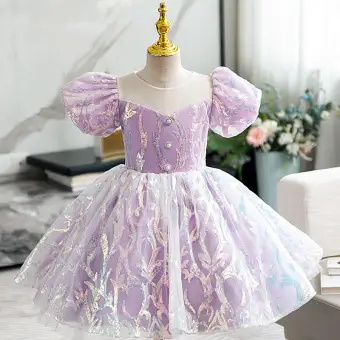 Chic Beautiful Lavender Pearl Sequins Birthday Flower Girl Dresses 2022 Ball Gown Scoop Neck Puffy Short Sleeve Bow Short Flower Girl Dresses
