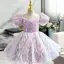 Chic / Beautiful Lavender Pearl Sequins Birthday Flower Girl Dresses 2022 Ball Gown Scoop Neck Puffy Short Sleeve Bow Short Flower Girl Dresses