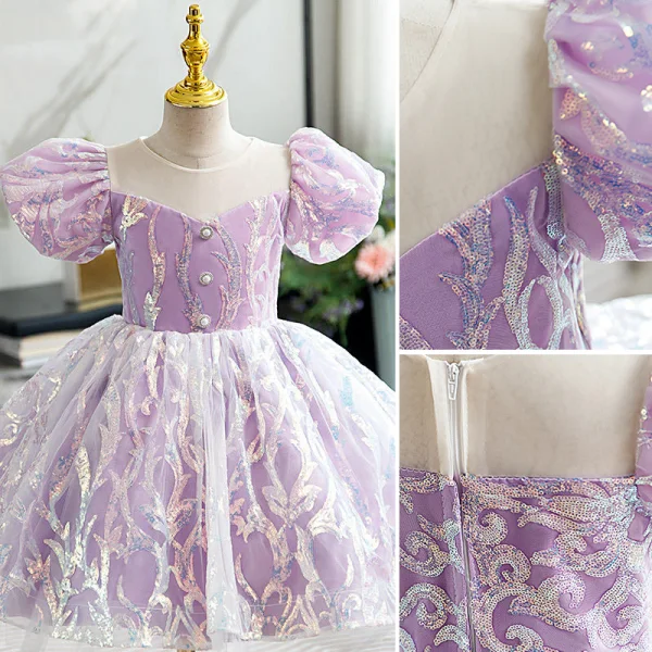 Chic / Beautiful Lavender Pearl Sequins Birthday Flower Girl Dresses 2022 Ball Gown Scoop Neck Puffy Short Sleeve Bow Short Flower Girl Dresses