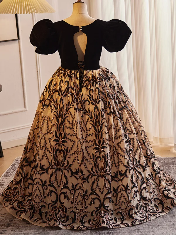 Vintage / Retro Black Printing Birthday Flower Girl Dresses 2024 Ball Gown Scoop Neck Puffy Short Sleeve Backless