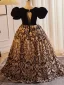 Vintage / Retro Black Printing Birthday Flower Girl Dresses 2024 Ball Gown Scoop Neck Puffy Short Sleeve Backless