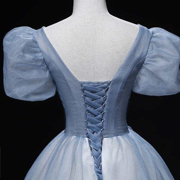 Chic / Beautiful Sky Blue Prom Dresses 2022 Ball Gown V-Neck Puffy Short Sleeve Backless Beading Rhinestone Sequins Floor-Length / Long Prom Formal Dresses