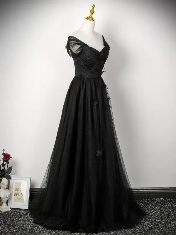 Vintage / Retro Black Lace Butterfly Prom Dresses 2025 A-Line / Princess Off-The-Shoulder Short Sleeve Backless Floor-Length / Long Prom Formal Dresses