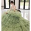 Fashion Charming Sage Green Prom Dresses 2022 Ball Gown Spaghetti Straps Sleeveless Backless Cascading Ruffles Chapel Train Formal Dresses