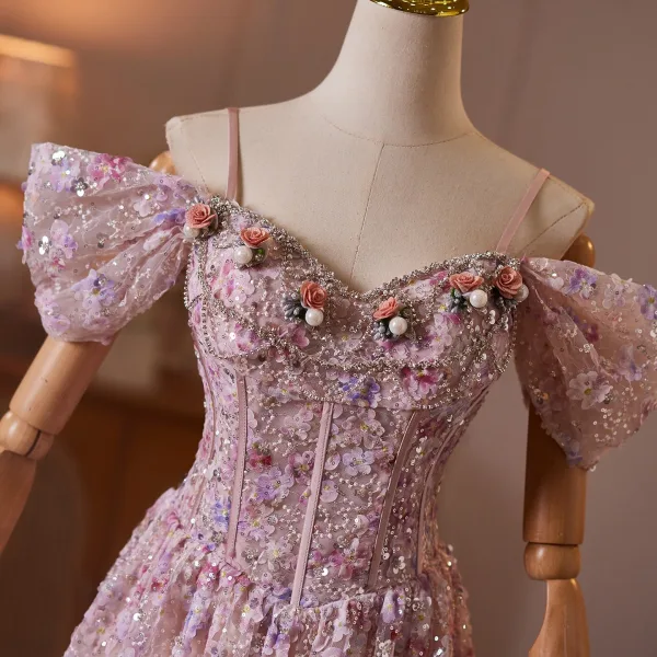 Blumenfee Rosa Perlenstickerei Strass Applikationen Ballkleider 2026 A Linie Off Shoulder Kurze Ärmel Rückenfreies Lange Festliche Kleider