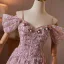 Blumenfee Rosa Perlenstickerei Strass Applikationen Ballkleider 2026 A Linie Off Shoulder Kurze Ärmel Rückenfreies Lange Festliche Kleider