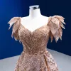 Luxury / Gorgeous Sparkly Gold Handmade  Beading Sequins Prom Dresses 2022 A-Line / Princess Square Neckline Short Sleeve Backless Sweep Train Prom Formal Dresses
