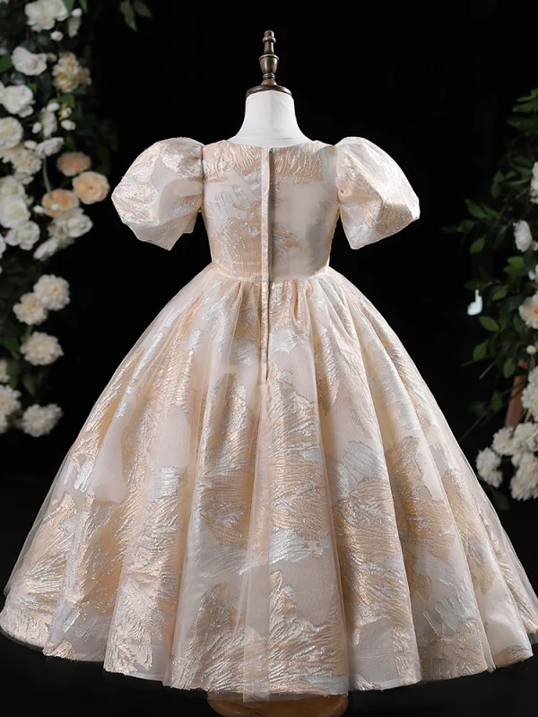 Chic / Beautiful Khaki Glitter Printing Pearl Rhinestone Birthday Flower Girl Dresses 2024 Ball Gown Scoop Neck Puffy Short Sleeve Floor-Length / Long