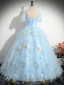 Elegant Sky Blue Pearl Lace Flower Appliques Prom Dresses 2024 Ball Gown U-Neck Short Sleeve Backless Floor-Length / Long Prom Formal Dresses