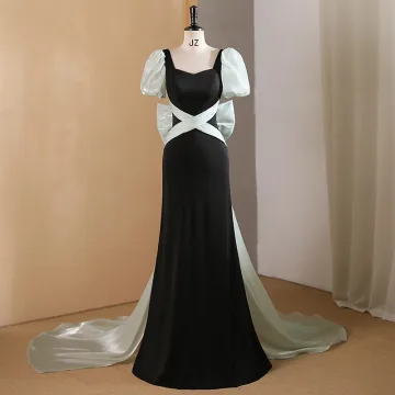 Chic Beautiful Black Prom Dresses 2024 Trumpet Mermaid Square Neckline Puffy Short Sleeve Backless Bow Floor Length Long Prom Formal Dresses