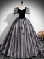 Elegant Black Appliques Glitter Prom Dresses 2024 Ball Gown Square Neckline Short Sleeve Backless Floor-Length / Long Prom Formal Dresses