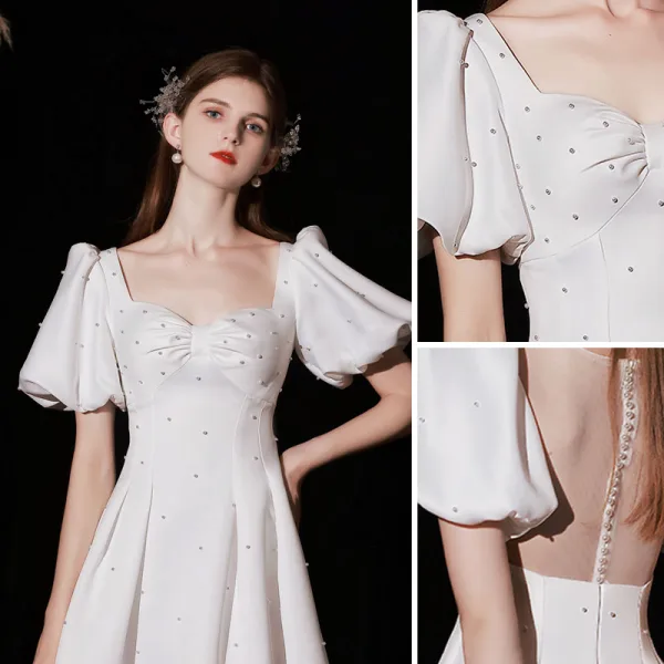 Modest / Simple Ivory Pearl Satin Prom Dresses 2022 A-Line / Princess Square Neckline Puffy Short Sleeve Floor-Length / Long Formal Dresses