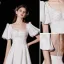 Modest / Simple Ivory Pearl Satin Prom Dresses 2022 A-Line / Princess Square Neckline Puffy Short Sleeve Floor-Length / Long Formal Dresses