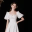 Modest / Simple Ivory Pearl Satin Prom Dresses 2022 A-Line / Princess Square Neckline Puffy Short Sleeve Floor-Length / Long Formal Dresses