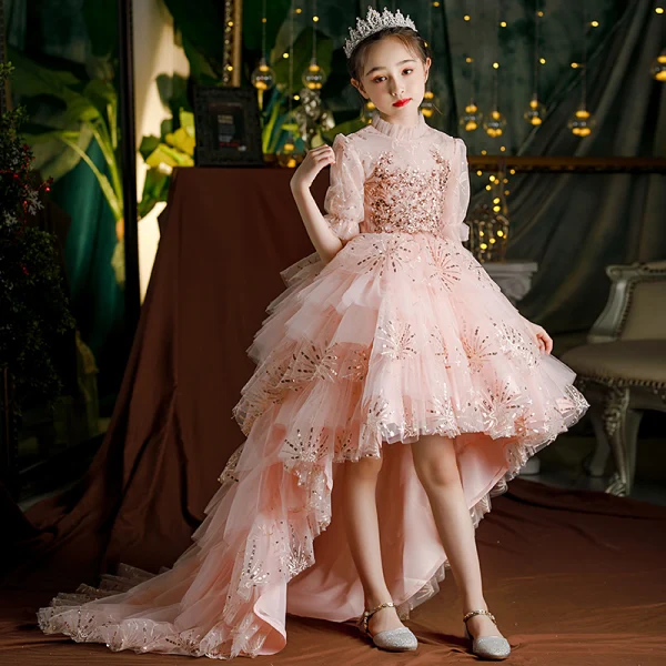 Lovely Blushing Pink Cascading Ruffles Birthday Flower Girl Dresses 2022 Ball Gown High Neck Beading Sequins Short Sleeve Court Train Flower Girl Dresses