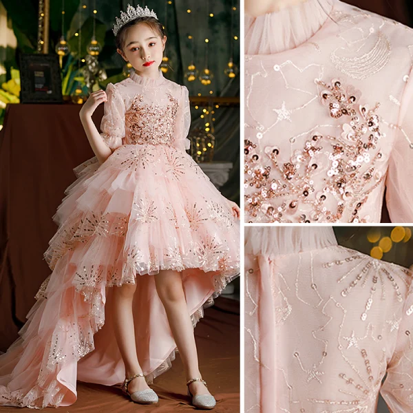 Lovely Blushing Pink Cascading Ruffles Birthday Flower Girl Dresses 2022 Ball Gown High Neck Beading Sequins Short Sleeve Court Train Flower Girl Dresses